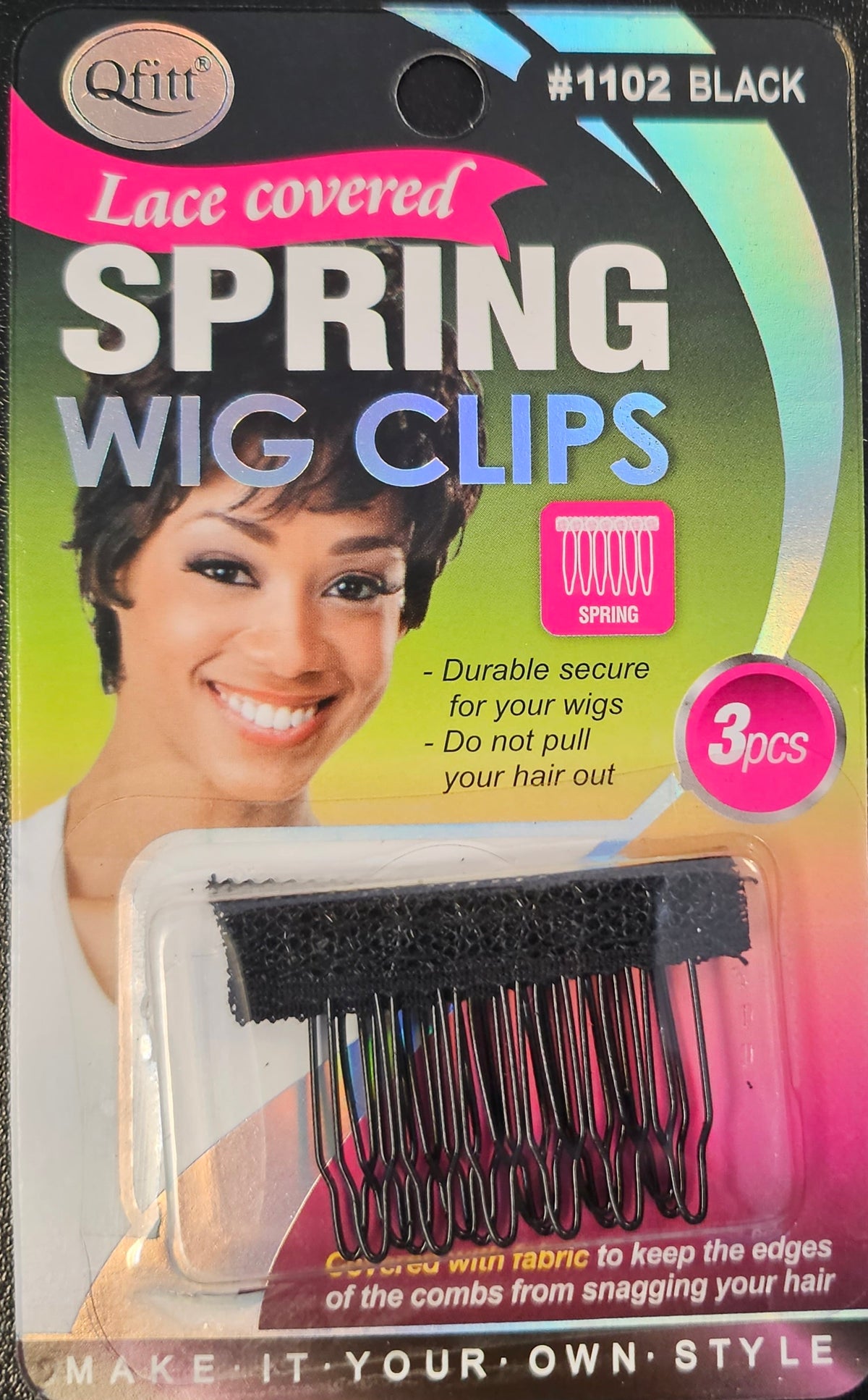 Qfitt Lace Covered Spring Wig Clips 3pcs (1102 Black)