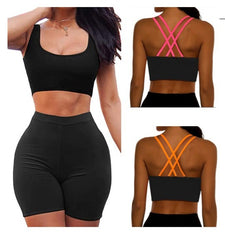 Color Block Double Strapcrop Biker Short Set