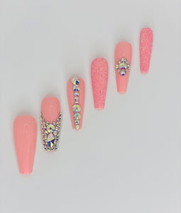 Salmon Pink Bling & Glitter Press-On Nails
